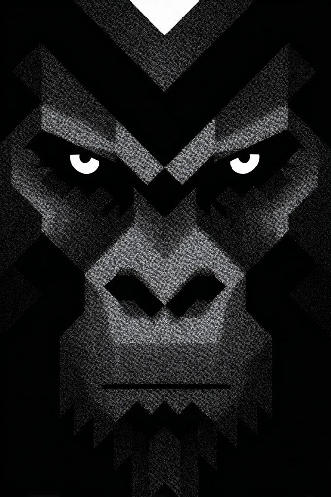 A stylized, geometric portrait of a gorilla's face dominates the image.  Rendered in grayscale, the artwork uses sharp angles and a pointillist texture to create a powerful, almost menacing expression.  The gorilla's intense gaze and strong features are emphasized by the stark contrast between light and dark tones. The overall effect is both striking and subtly unsettling.