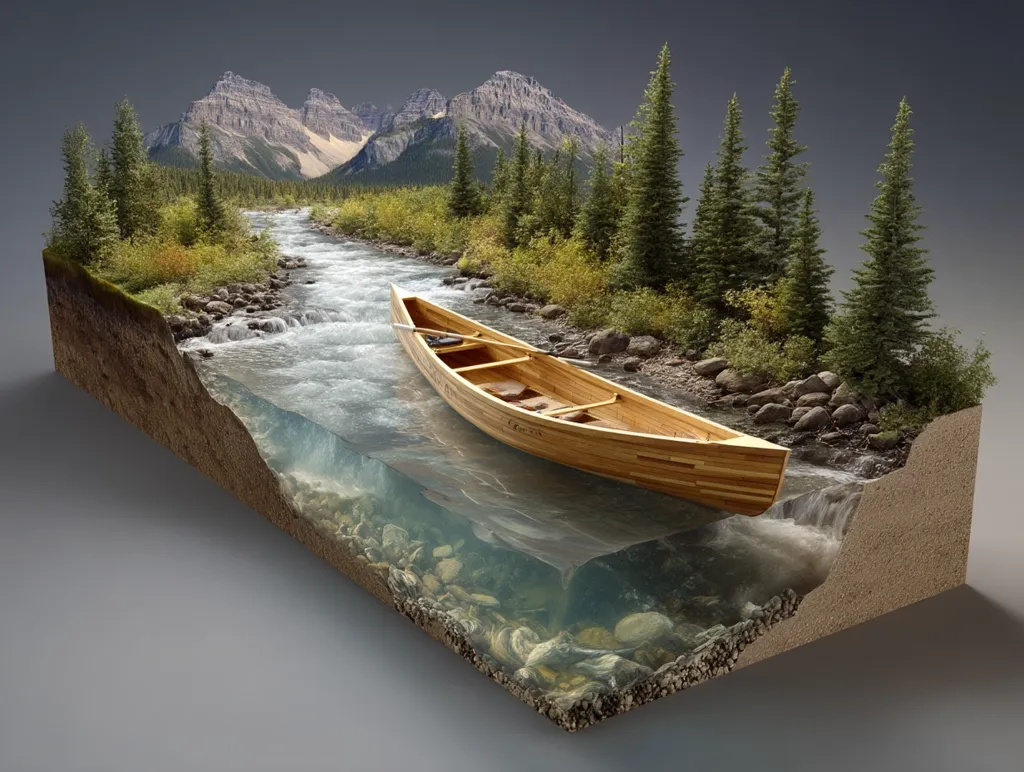 A diorama depicts a wooden canoe gently floating on a crystal-clear river.  The river flows through a serene landscape of evergreen trees and majestic mountains, its banks lined with smooth rocks. The scene is presented as a cross-section, revealing the riverbed and the earth beneath, creating a three-dimensional effect.  The image evokes a sense of tranquility and the beauty of untouched nature.