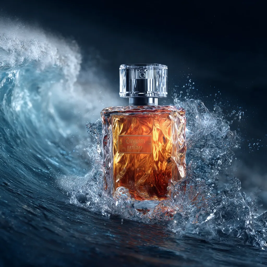 A bottle of Chanel Ultrabay perfume is dramatically showcased amidst a crashing wave. The amber-colored fragrance is captured in a crystalline bottle with a silver cap, emphasizing its luxurious quality. The dynamic composition juxtaposes the stillness of the perfume with the powerful energy of the ocean, creating a captivating visual.  The dark background enhances the golden hue of the perfume and the sparkling water.
