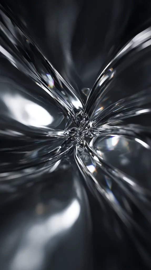 The image showcases a mesmerizing abstract composition.  Multiple, sleek, dark grey or black strands converge at a central point, creating a vortex-like effect. The glossy surface reflects light, producing subtle highlights and a sense of depth.  The overall impression is one of fluidity and intense visual texture.