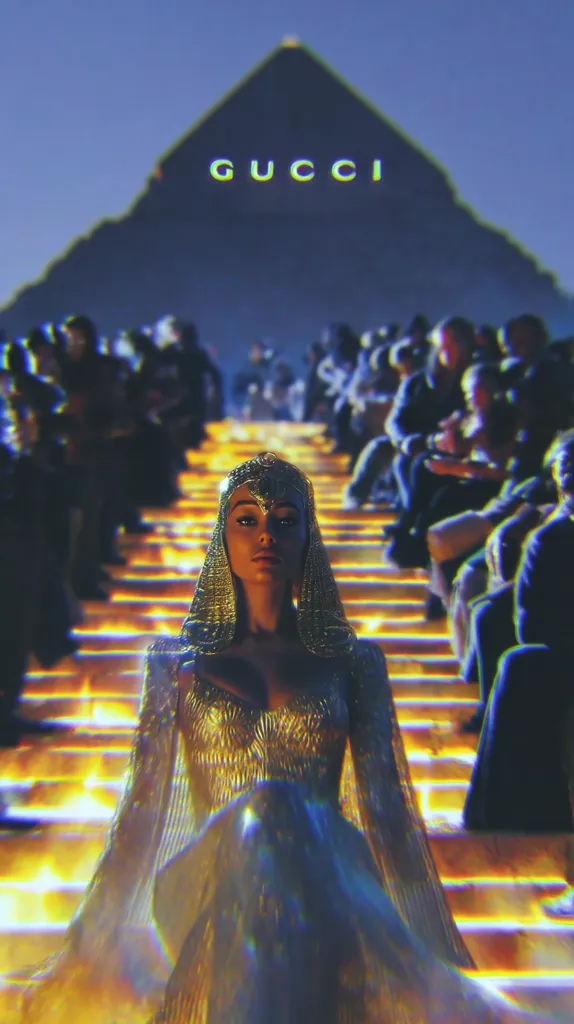 A woman in a shimmering gold gown, adorned with a headpiece, descends a fiery staircase.  The background features a large pyramid with "GUCCI" illuminated on its face, and a seated audience watches from either side. The scene is surreal and opulent, blending ancient Egyptian imagery with modern fashion.  The overall aesthetic is dreamy and otherworldly.