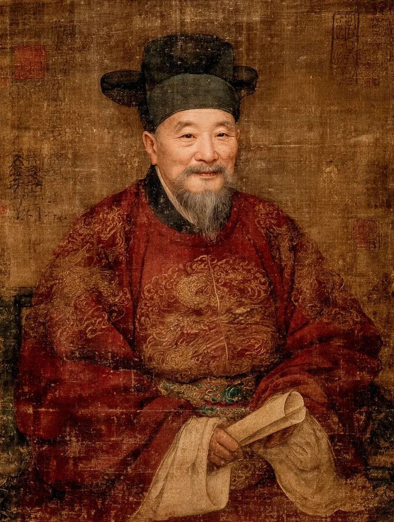 A portrait painting depicts an elderly Asian man, possibly of high social standing, seated and dressed in a rich, embroidered red robe and a dark-colored hat. He holds a scroll in his hands, his expression serene and dignified.  The painting's style suggests traditional Chinese art, with a textured background evoking age and history. The overall tone is warm and somber, highlighting the subject's age and wisdom.