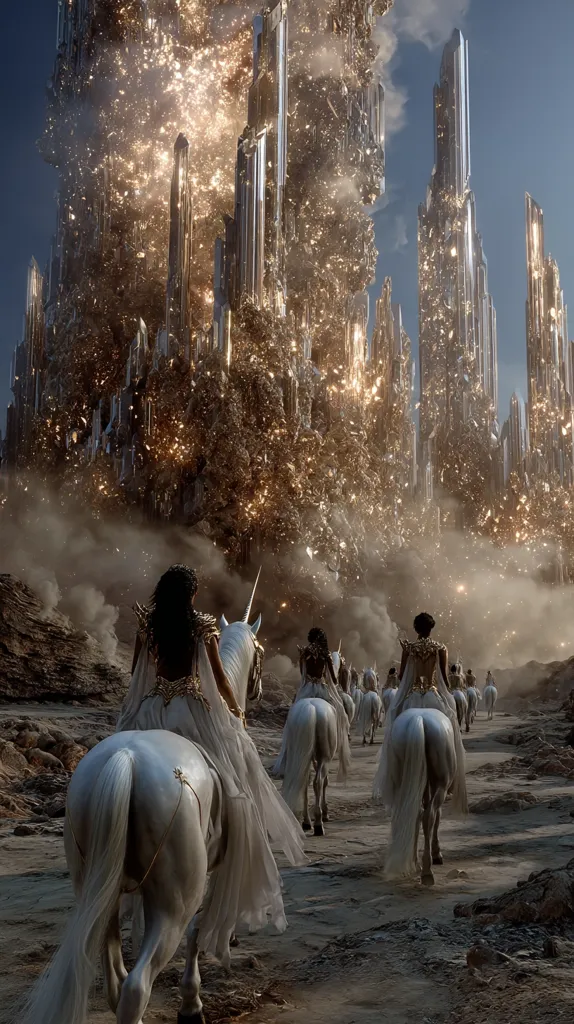 A procession of women riding white unicorns travels towards a breathtaking, crystalline city.  The city, composed of towering, shimmering spires, seems to be erupting with golden light and dust. The scene is dramatic and fantastical, suggesting a journey to a magical or powerful place. The women wear flowing white robes, adding to the ethereal quality of the image.