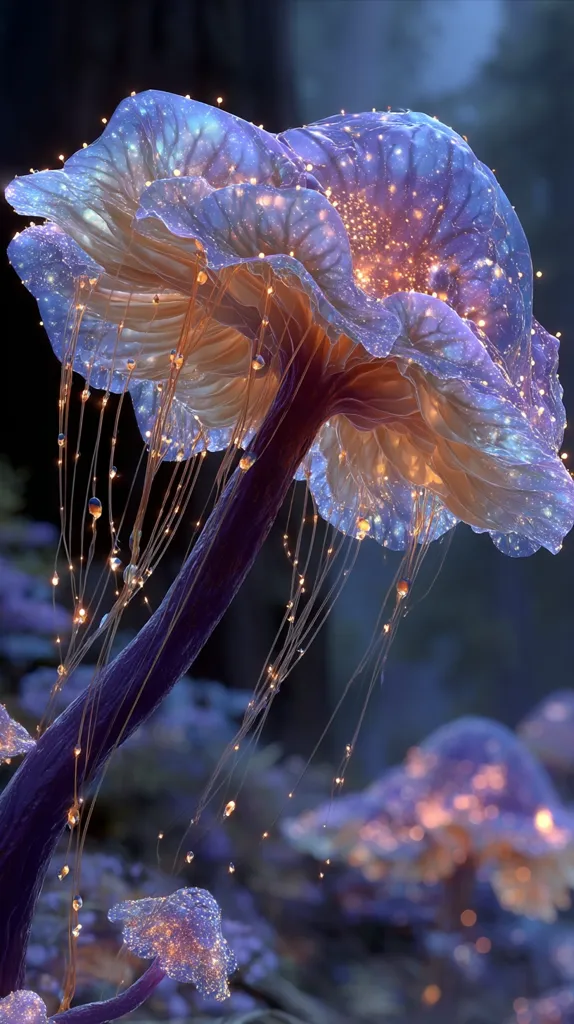 A digital illustration depicts a bioluminescent mushroom.  Its cap is a delicate, translucent blue-purple, glowing with internal light, and numerous glowing strands hang down like shimmering threads. The stem is a deep purple, and the background suggests a dark, mystical forest.  Other, smaller, similar mushrooms are blurred in the background, creating a dreamlike, enchanted atmosphere.