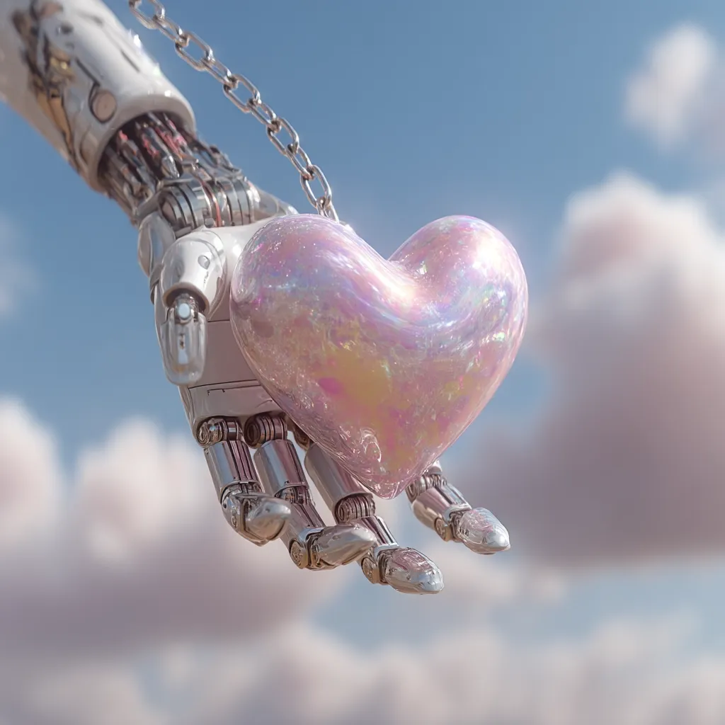A robotic hand, metallic and gleaming, gently cradles a shimmering, iridescent heart.  The heart, a pastel pink and pearlescent, is suspended from a silver chain held by the robot.  The scene is set against a backdrop of fluffy white clouds and a clear blue sky, creating a surreal and tender contrast between technology and emotion.