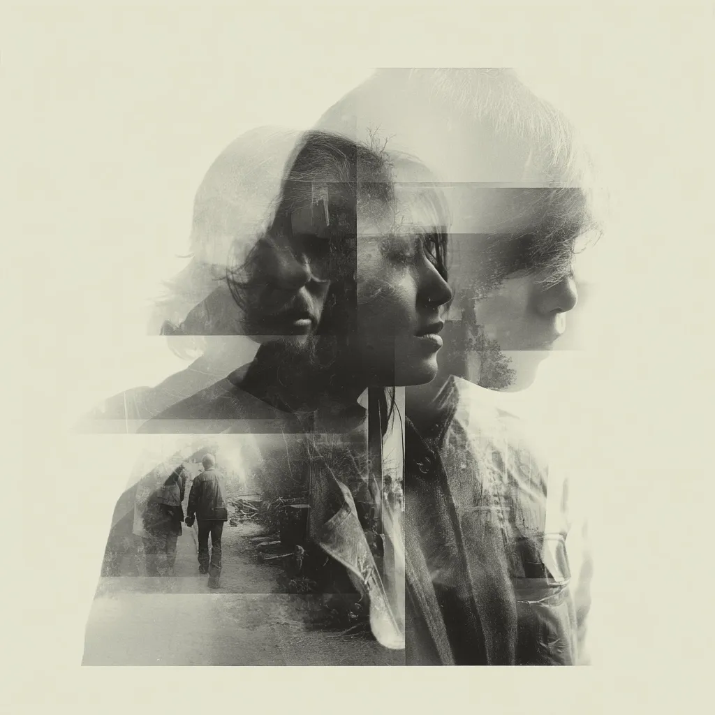 A monochrome, double-exposure photograph depicts three individuals, their faces partially superimposed.  The central figure, a woman, is most prominent.  A background image of two people walking on a path is faintly visible through the layered portraits, creating a dreamlike, melancholic mood. The sepia tones and fragmented imagery suggest a sense of memory or nostalgia.
