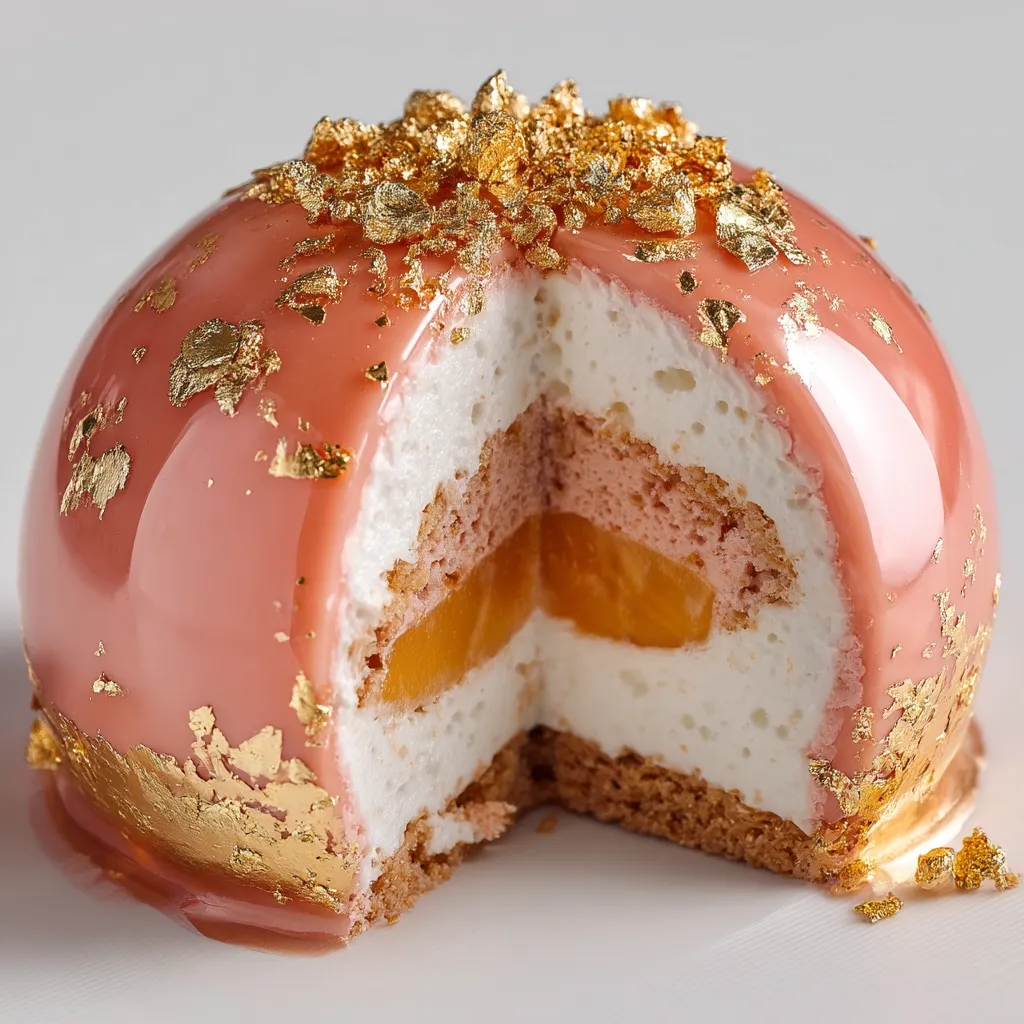 A glistening sphere of pink confectionery, adorned with gold leaf, is presented in a partially sliced view.  The interior reveals layers of creamy white mousse, a delicate blush-colored layer, and vibrant orange segments, likely peach or mango.  The dessert's smooth, glossy exterior contrasts beautifully with the textured gold accents.  It is a visually stunning and seemingly delicious example of modern patisserie.