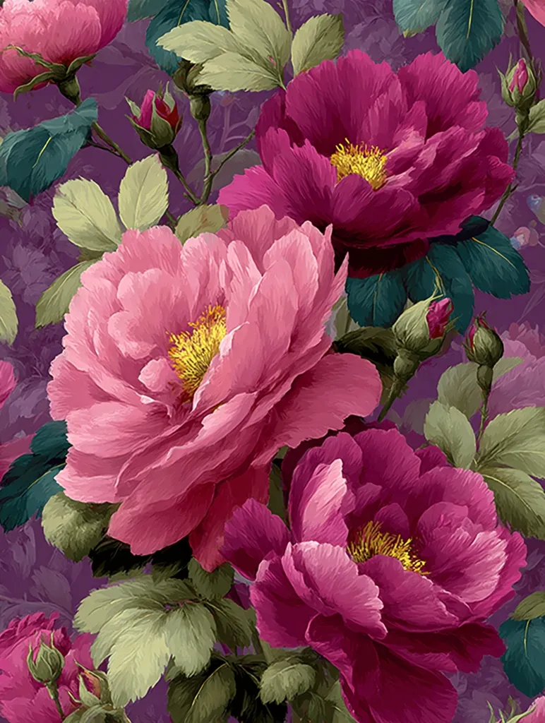 A vibrant painting showcases a lush bouquet of pink and magenta peonies.  The blossoms are richly detailed, exhibiting soft petals and contrasting deep centers.  Lush green leaves and budding flowers are artfully arranged around the central blooms, creating a sense of depth and movement. The purple background enhances the flowers’ rich colors. The overall style is realistic, with a focus on capturing the texture and beauty of the flowers.