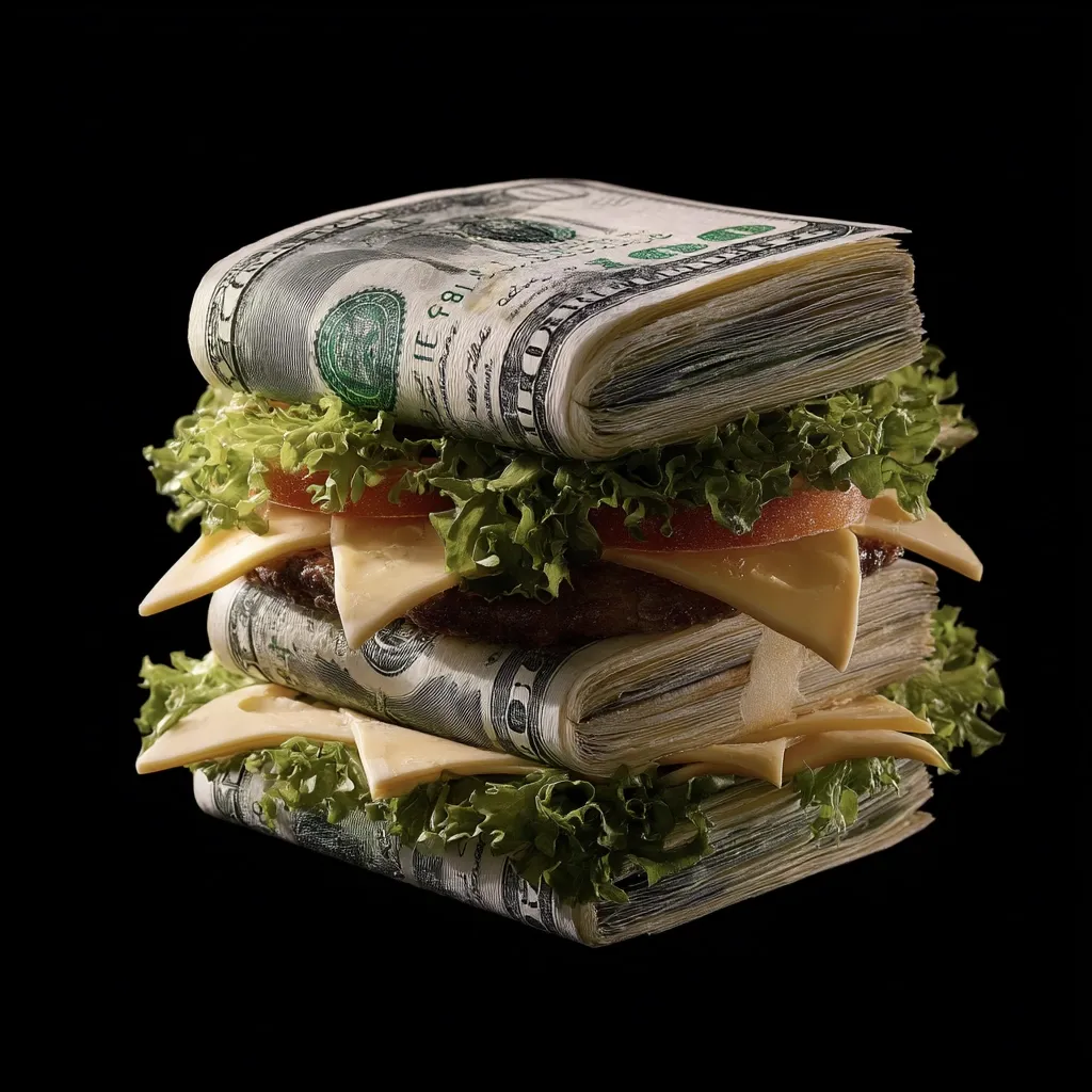 A double cheeseburger is constructed entirely of stacks of US hundred-dollar bills, replacing the usual burger patties, cheese slices, and lettuce.  The realistic depiction of the food items juxtaposed with the money creates a striking visual metaphor for the cost or value of food, wealth, or perhaps the price of success. The black background emphasizes the image's central focus.