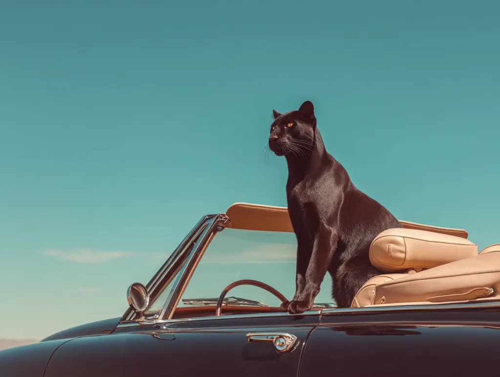 A majestic black panther sits perched atop a classic, dark-colored convertible.  The car's tan interior contrasts with the panther's sleek black fur. The vibrant turquoise sky provides a striking backdrop to this stylish and unexpected scene. The overall image evokes a sense of vintage glamour and untamed elegance.