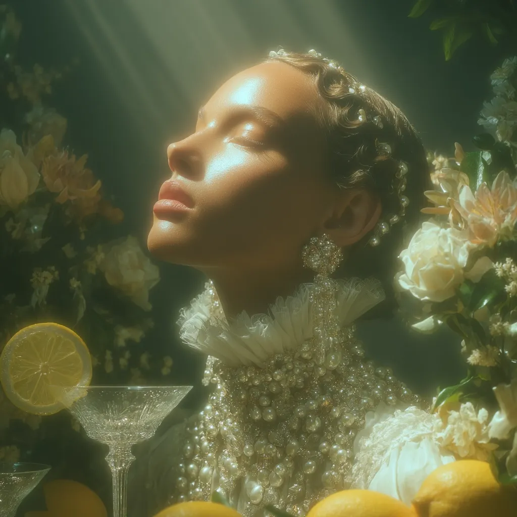 A woman with a pearl headpiece and ornate, pearl-embellished collar is captured in a sun-drenched, ethereal portrait.  Her eyes are closed, and she appears serene.  She is surrounded by lush, blooming flowers and lemons, adding to the opulent and dreamlike atmosphere.  A crystal cocktail glass sits in the foreground, further enhancing the luxurious aesthetic. The overall effect is one of soft, romantic beauty.