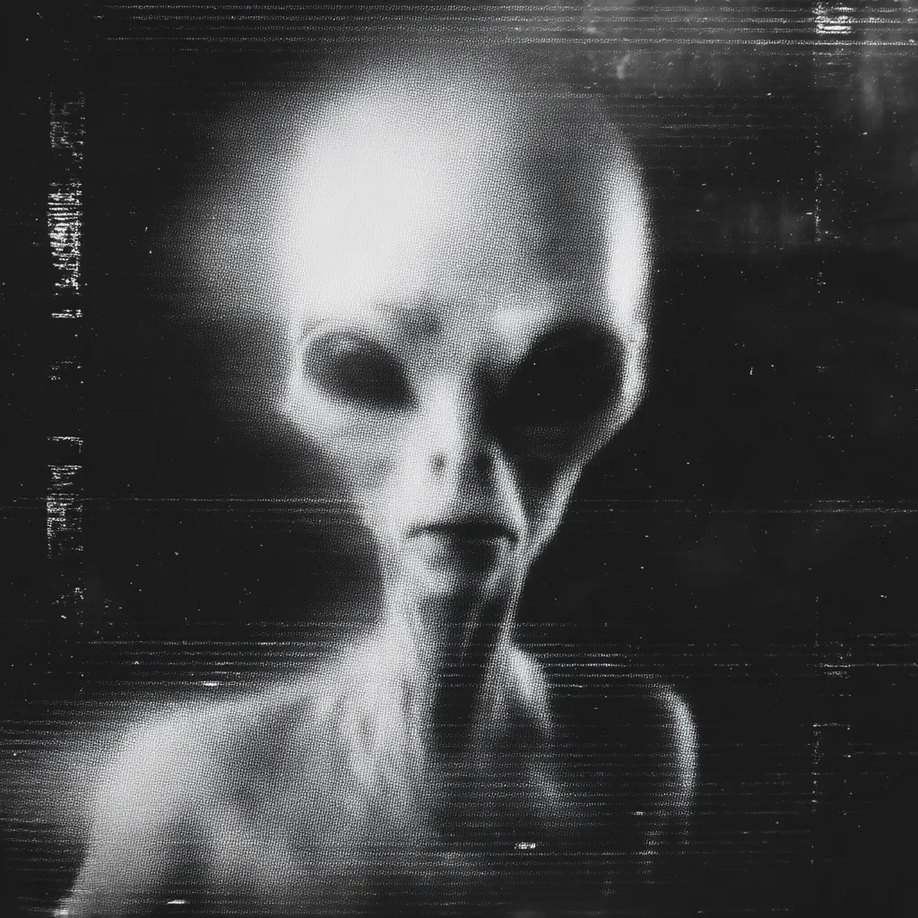 A grainy, black and white image depicts a close-up of a grey alien's face and upper body.  The alien has large, dark eyes, a small mouth, and a smooth, pale complexion.  The image is heavily stylized with a distressed, static-like effect, reminiscent of old video footage or a corrupted file, adding to its mysterious and unsettling atmosphere.