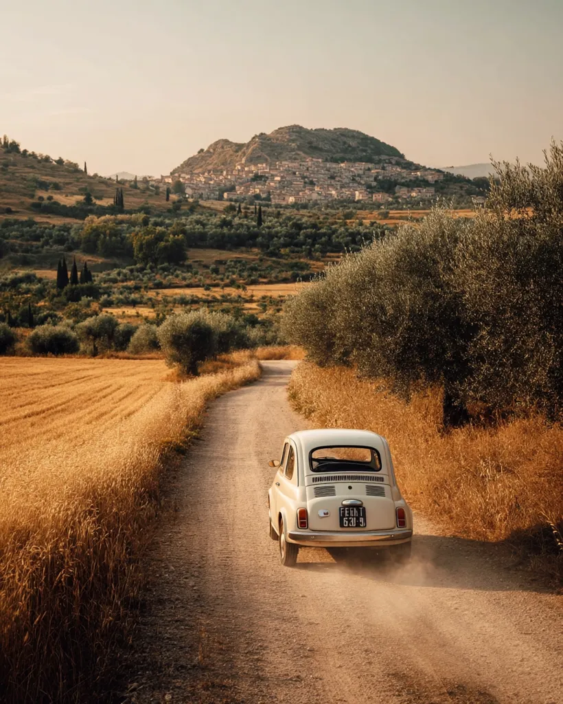 A vintage, light-beige Fiat 500 travels down a dusty, rural road.  Golden wheat fields flank the path, leading towards a quaint village nestled on a hillside in the distance.  The sun casts a warm, golden light on the idyllic Italian countryside scene. The overall impression is one of peaceful, rustic charm.