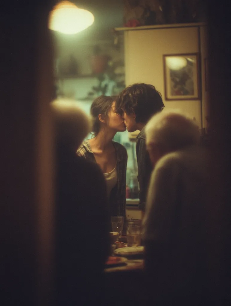 A young couple passionately kisses in a dimly lit kitchen, their embrace unnoticed by the blurred figures of other people seated at a table nearby. The warm lighting casts a soft glow on the scene, creating an intimate and slightly melancholic atmosphere. The focus is on the couple's tender moment, with the surrounding environment serving as a muted backdrop.