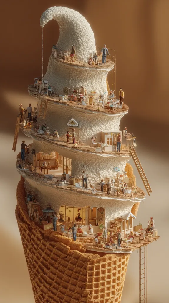 A meticulously crafted miniature world is nestled within a giant ice cream cone.  Tiny figures populate multiple levels, each showcasing different aspects of daily life: homes, shops, and community gatherings.  The swirling ice cream acts as a multi-story building, creating a whimsical and detailed scene that contrasts the mundane with the fantastical.  Ladders connect the various levels, adding to the sense of depth and complexity.