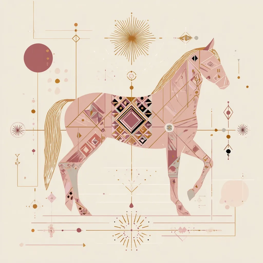 A stylized illustration of a horse, rendered in soft pinks and golds.  Geometric patterns adorn the horse's body, reminiscent of Native American or Art Deco designs.  The background features intricate linear elements and symbolic shapes, creating a mystical and balanced composition.  The overall aesthetic is elegant and evokes a sense of serenity and spiritual connection.