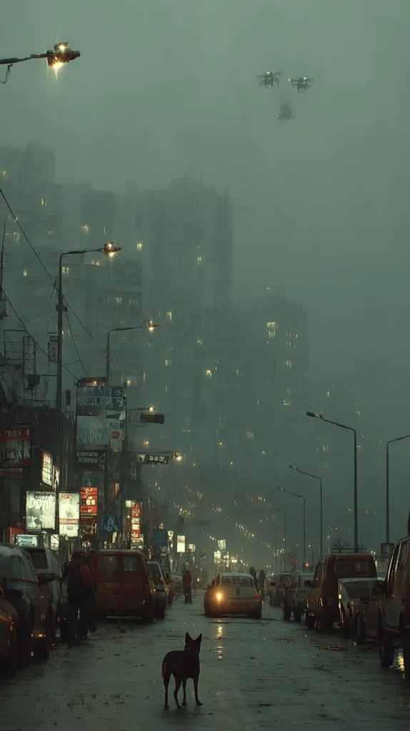 A desolate city street, shrouded in a thick fog, is dimly lit by streetlights and the headlights of parked cars.  Three drones hover silently in the overcast sky above.  A lone dog stands in the middle of the wet road, observing the scene.  Tall, densely packed buildings line the street, their windows glowing faintly, creating an eerie, atmospheric ambiance.  The overall mood is one of quiet solitude and urban decay.