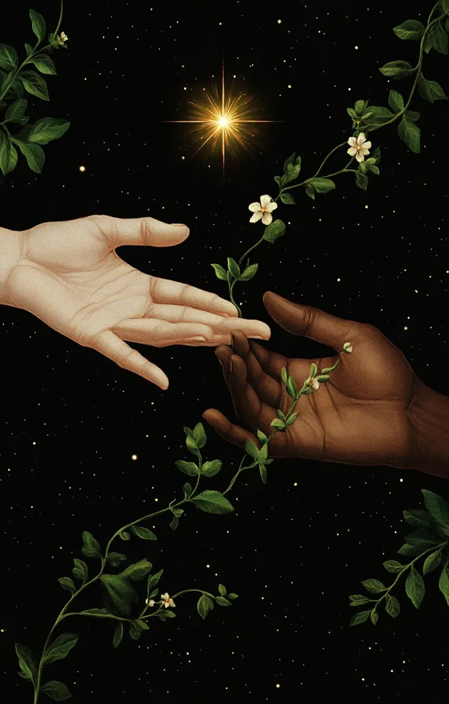 Against a starlit backdrop, two hands, one light and one dark, reach toward each other, connected by a delicate vine with small white flowers.  A bright star shines above, illuminating the scene. The image evokes themes of unity, connection, and bridging differences. The artistic style is surreal and dreamlike.