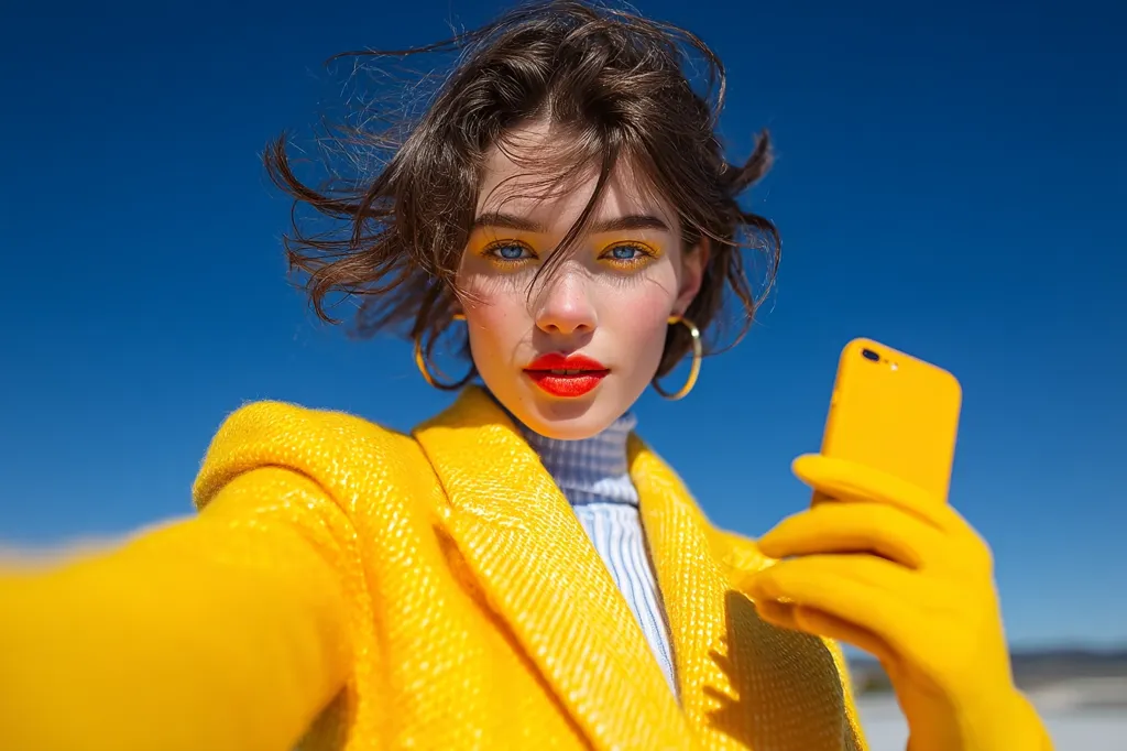 A young woman with vibrant makeup, including bright yellow eyeshadow and red lipstick, takes a selfie against a clear blue sky.  She wears a bold yellow textured blazer, a light blue striped turtleneck, and matching yellow gloves while holding a yellow phone. Her short, dark hair is windblown, adding to the dynamic feel of the image. The overall aesthetic is bold, colorful, and fashionable.