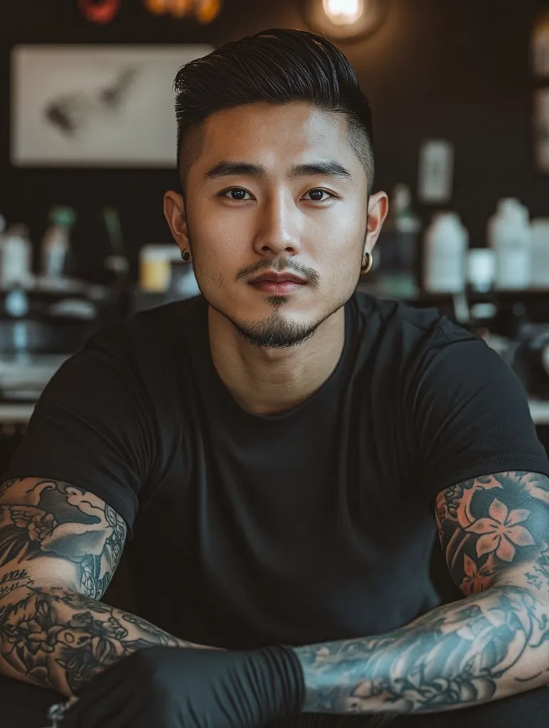 A young Asian man with short, dark hair and a goatee sits for a portrait. He's wearing a black t-shirt and has elaborate tattoos covering both arms.  His expression is serious and direct, engaging the viewer.  The background is blurred, showing a glimpse of a tattoo studio.  The overall mood is one of calm intensity.
