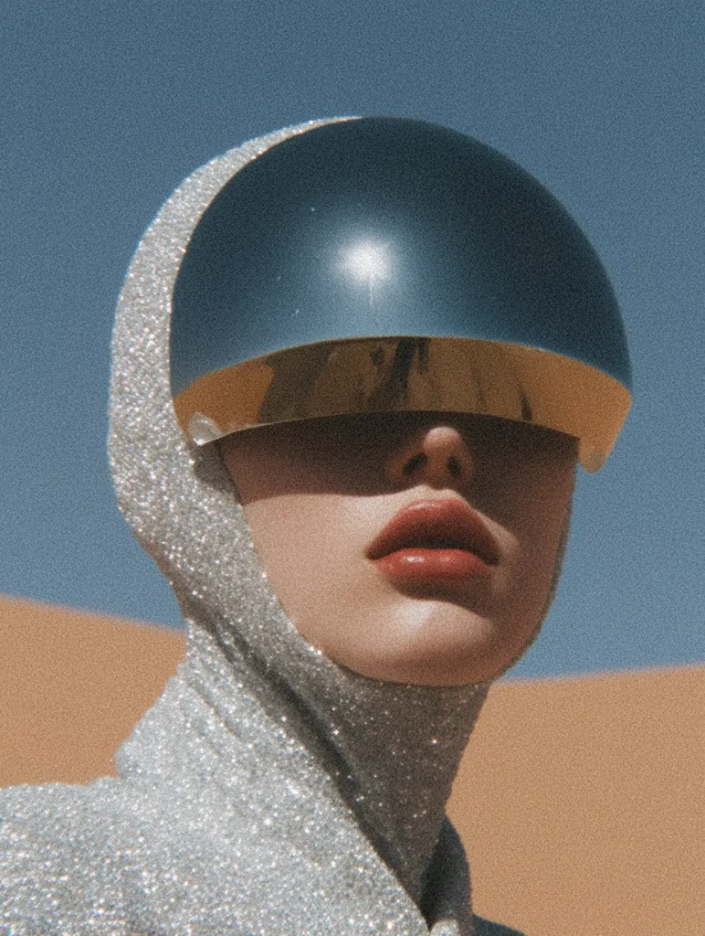 Close-up of a model wearing a futuristic silver, sparkly hooded garment and a large, dark blue helmet-like visor. The visor has a gold band around its lower edge.  The model's lips are a muted reddish-brown. The background is a muted orange-brown, suggesting a desert landscape under a clear blue sky. The overall aesthetic is minimalist and retro-futuristic.