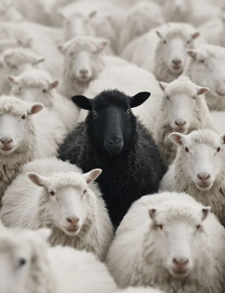 A single black sheep stands out amongst a crowd of white sheep.  The black sheep is centrally positioned, its dark wool contrasting sharply with the surrounding fluffy white fleece. The image conveys a sense of difference and individuality within a conforming group.  The sheep's faces are all turned slightly towards the camera, their expressions calm and somewhat passive.