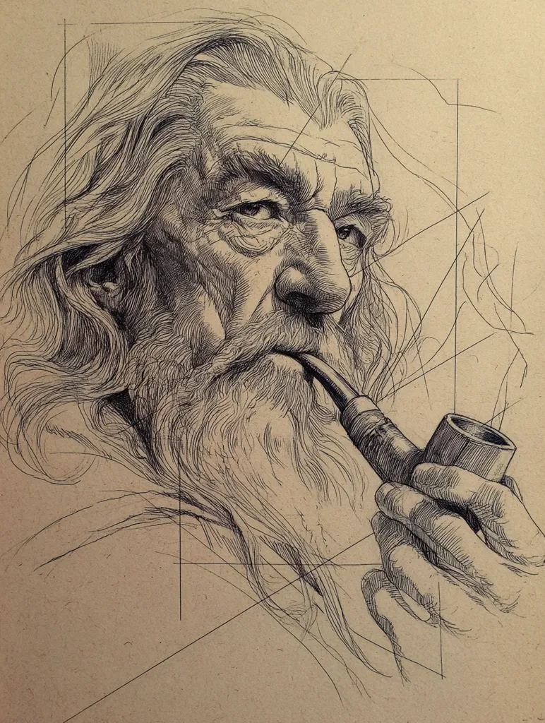A detailed pen-and-ink drawing depicts Gandalf, the wizard from J.R.R. Tolkien's "The Lord of the Rings."  His long, flowing beard and hair are meticulously rendered, showing texture and depth. He holds a pipe, his gaze intense and thoughtful.  Light geometric guidelines are subtly visible beneath the portrait, suggesting the artist's construction process. The overall style is realistic and expressive, capturing Gandalf's age and wisdom.