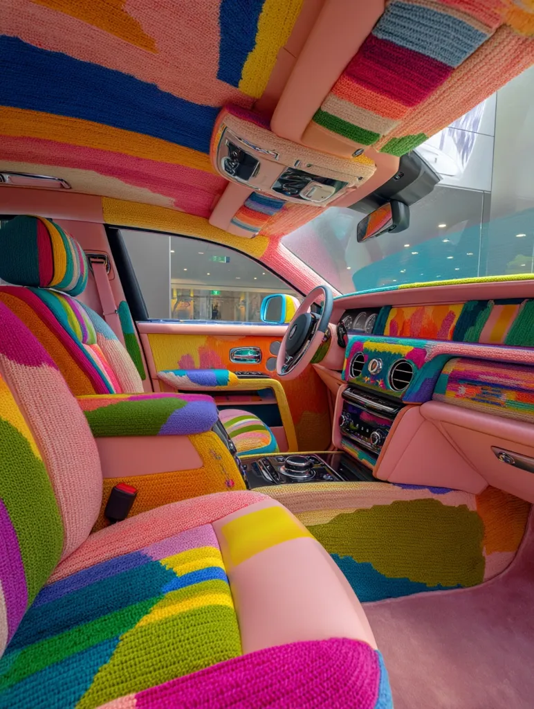 The interior of a Rolls-Royce is completely covered in vibrant, multicolored knitted fabric.  The headliner, seats, door panels, and floor are all adorned with a patchwork of bright hues and abstract patterns.  The pink base color contrasts beautifully with the intensely colorful knitted design, creating a striking and unique custom interior.  The overall effect is playful, luxurious, and undeniably eye-catching.