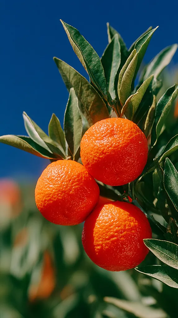 Three ripe oranges cling to a branch laden with vibrant green leaves against a deep blue sky.  The oranges are bright, showing their textured skins, suggesting a juicy sweetness. The background is blurred, focusing attention on the fruit. The image conveys a sense of freshness and the abundance of nature.