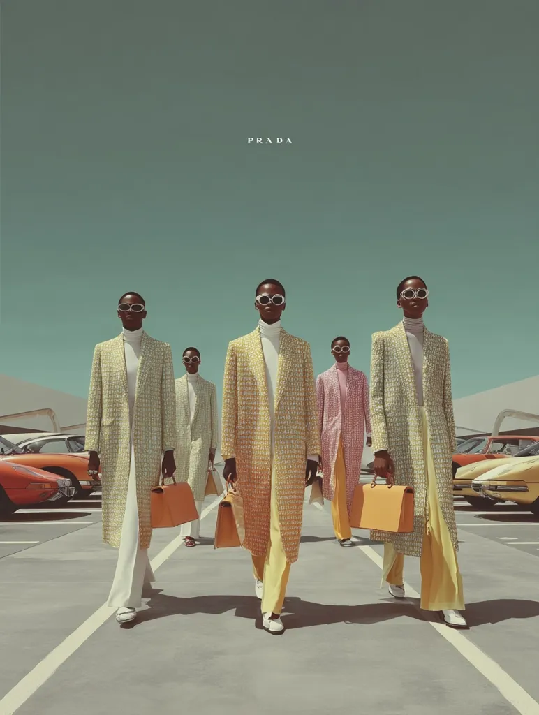 A Prada fashion campaign features five Black models, each wearing a patterned coat and carrying a handbag. They are walking in a row, against a backdrop of vintage cars and a minimalist architecture.  The models sport white sunglasses and the overall aesthetic is retro-chic, evoking a sense of sophistication and effortless style. The Prada logo is subtly displayed above the models.