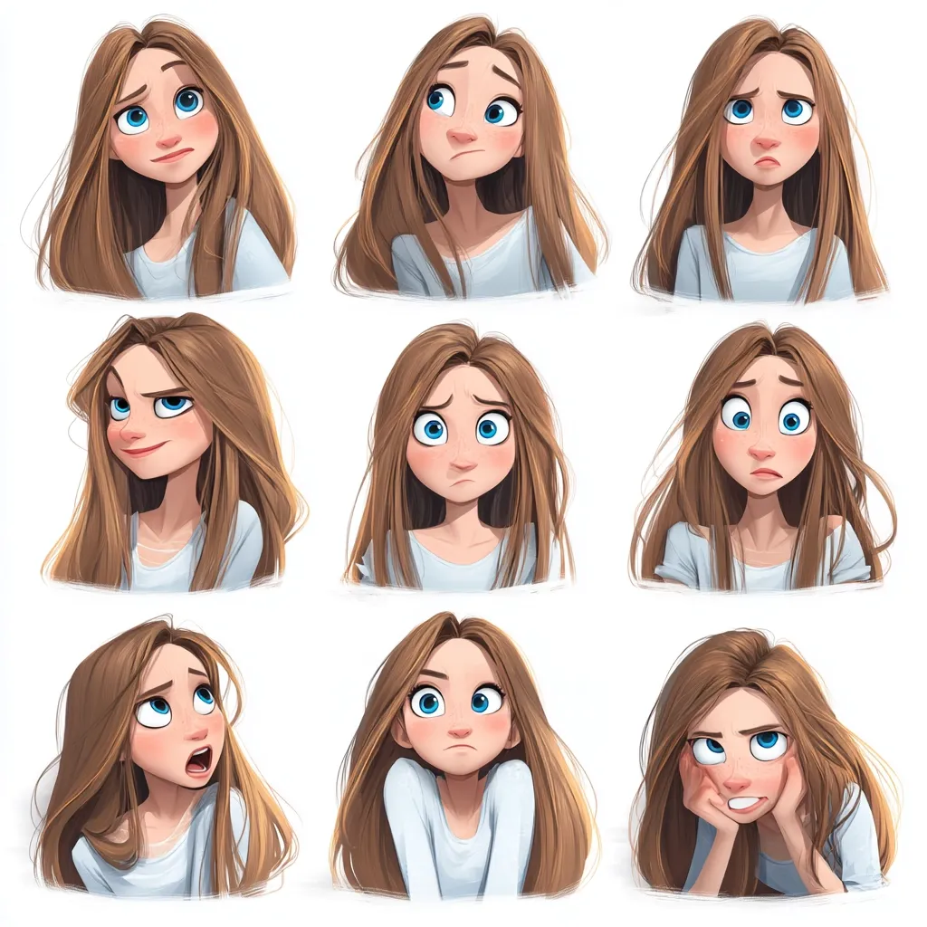 A grid showcases nine illustrations of a young woman with long brown hair, each depicting a different facial expression.  Expressions range from happy and amused to sad, worried, surprised, and frustrated. The consistent style and features highlight the subtle yet significant changes in emotion portrayed through her face.  The artwork is digitally rendered with a soft, painterly style.