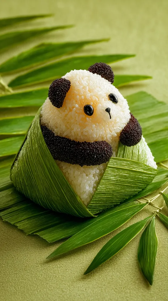 An adorable panda-shaped rice ball is nestled within a green leaf wrapper.  The panda's features are meticulously crafted from rice and small, dark accents.  The entire creation rests on a bed of vibrant green leaves, creating a visually appealing and charming presentation. The image evokes a sense of playful creativity and culinary artistry.