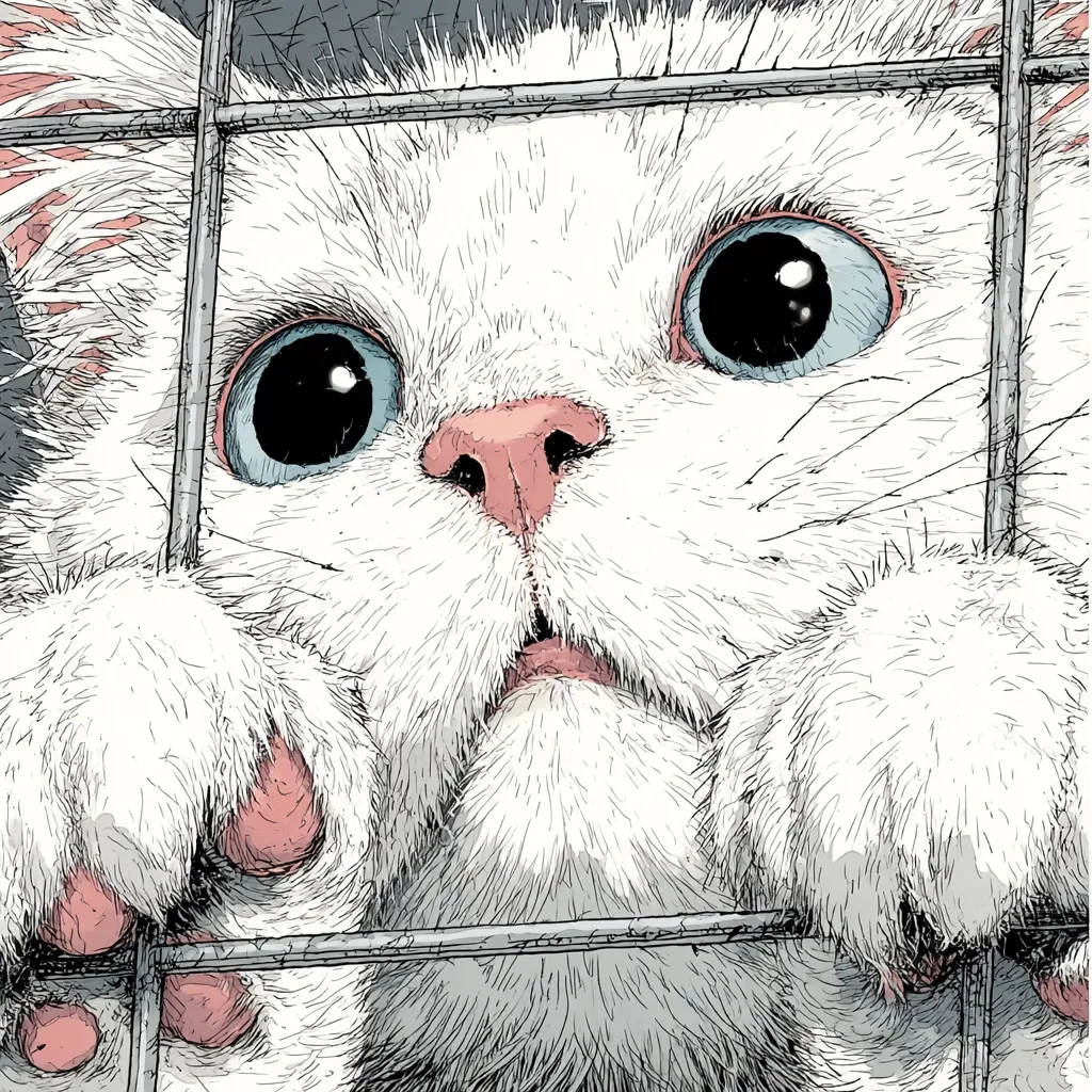 A close-up illustration depicts a white kitten with large, expressive blue eyes peering through a wire cage.  Its paws grasp the bars, conveying a sense of longing or confinement.  The detailed rendering emphasizes the kitten's soft fur and delicate features, creating a poignant image. The style is reminiscent of comic book art.