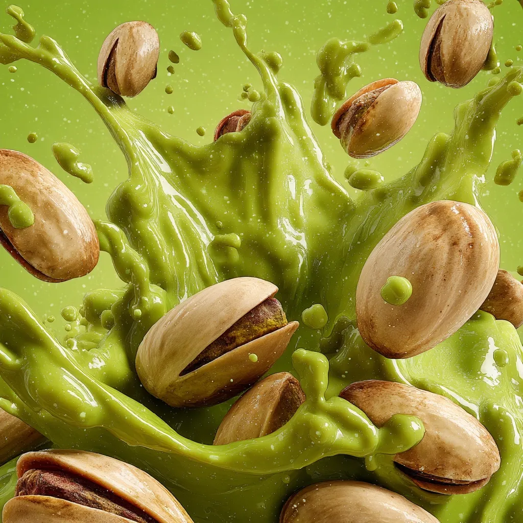 A vibrant splash of vibrant green pistachio paste explodes, engulfing numerous pistachios in its creamy embrace.  The nuts, some shelled, some whole, are suspended mid-air within the dynamic flow of the liquid. The image is a dynamic depiction of the rich, nutty flavor and vibrant color associated with pistachios.