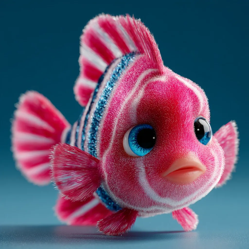 A charming, cartoonish fish, rendered in 3D, is depicted.  Its body is a vibrant pink, adorned with white stripes and shimmering blue accents. Large, expressive blue eyes and a fluffy texture add to its endearing appeal.  The fish's fins are delicately detailed, showcasing a playful design against a deep blue background.
