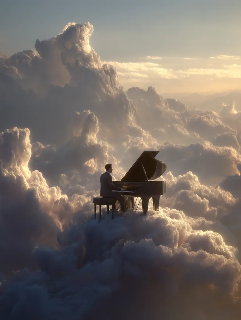 A lone pianist sits at a grand piano perched atop a fluffy cloud formation, bathed in the warm glow of a setting sun.  The scene is surreal and serene, evoking a sense of peace and tranquility amidst a vast, ethereal landscape of clouds stretching to the horizon.  The image suggests a dreamlike state or a journey into the sublime.