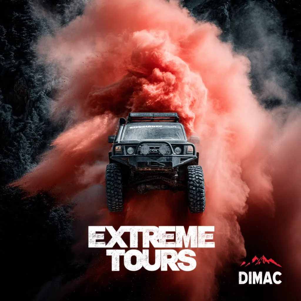 A black off-road vehicle leaps through a vibrant red cloud of dust, creating a dramatic scene.  The words "EXTREME TOURS" are prominently displayed, along with the DIMAC logo. The image suggests adventure and thrilling off-road experiences, advertising extreme tour packages. The powerful vehicle and dynamic setting emphasize the intensity and excitement of the tours.