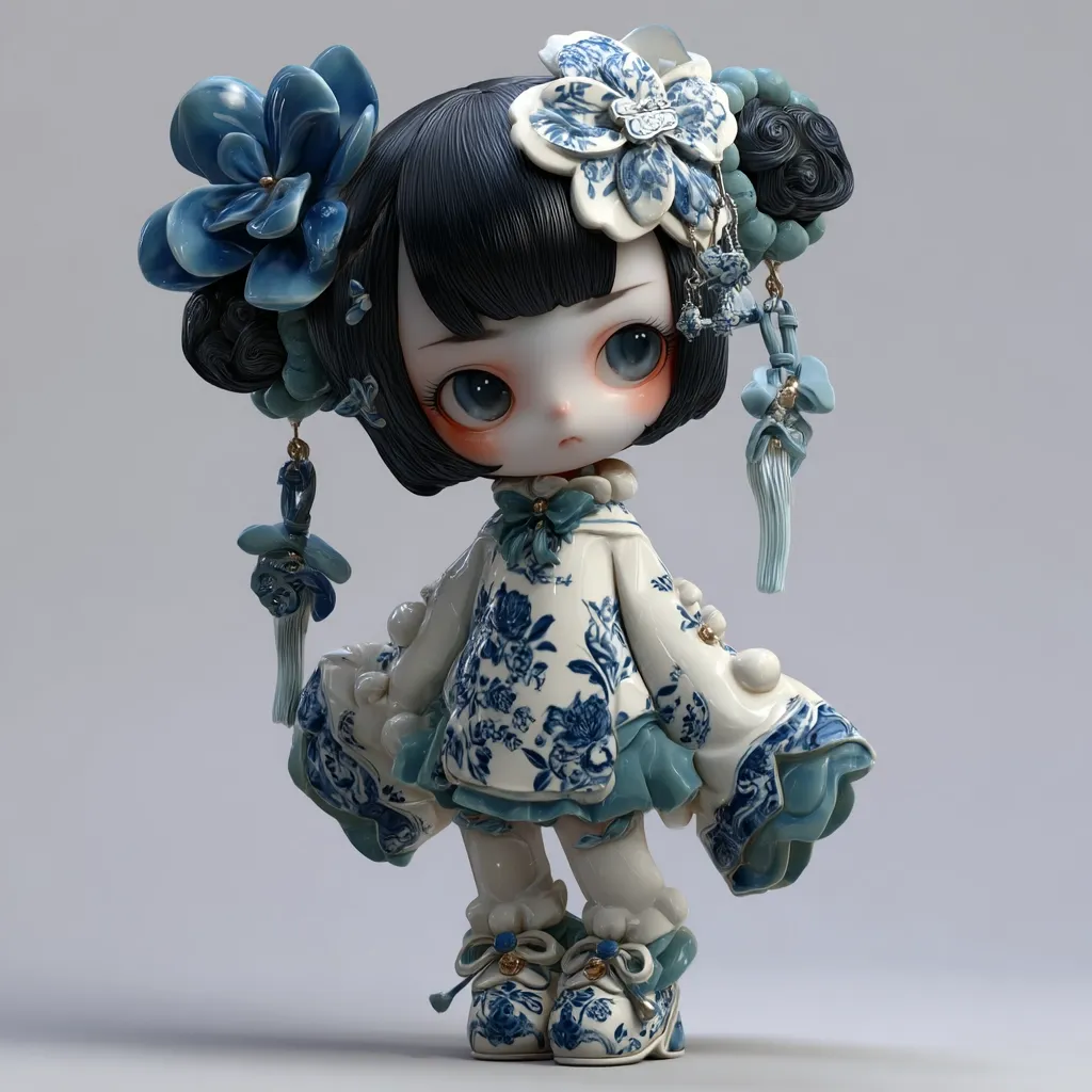 A porcelain doll, styled in a traditional Chinese fashion, stands poised.  Her dark hair is adorned with blue floral hairpieces and dangling ornaments.  She wears a blue and white patterned dress, reminiscent of blue and white porcelain, with puffy sleeves and matching shoes.  Large, expressive eyes and a delicate facial expression complete her captivating appearance.