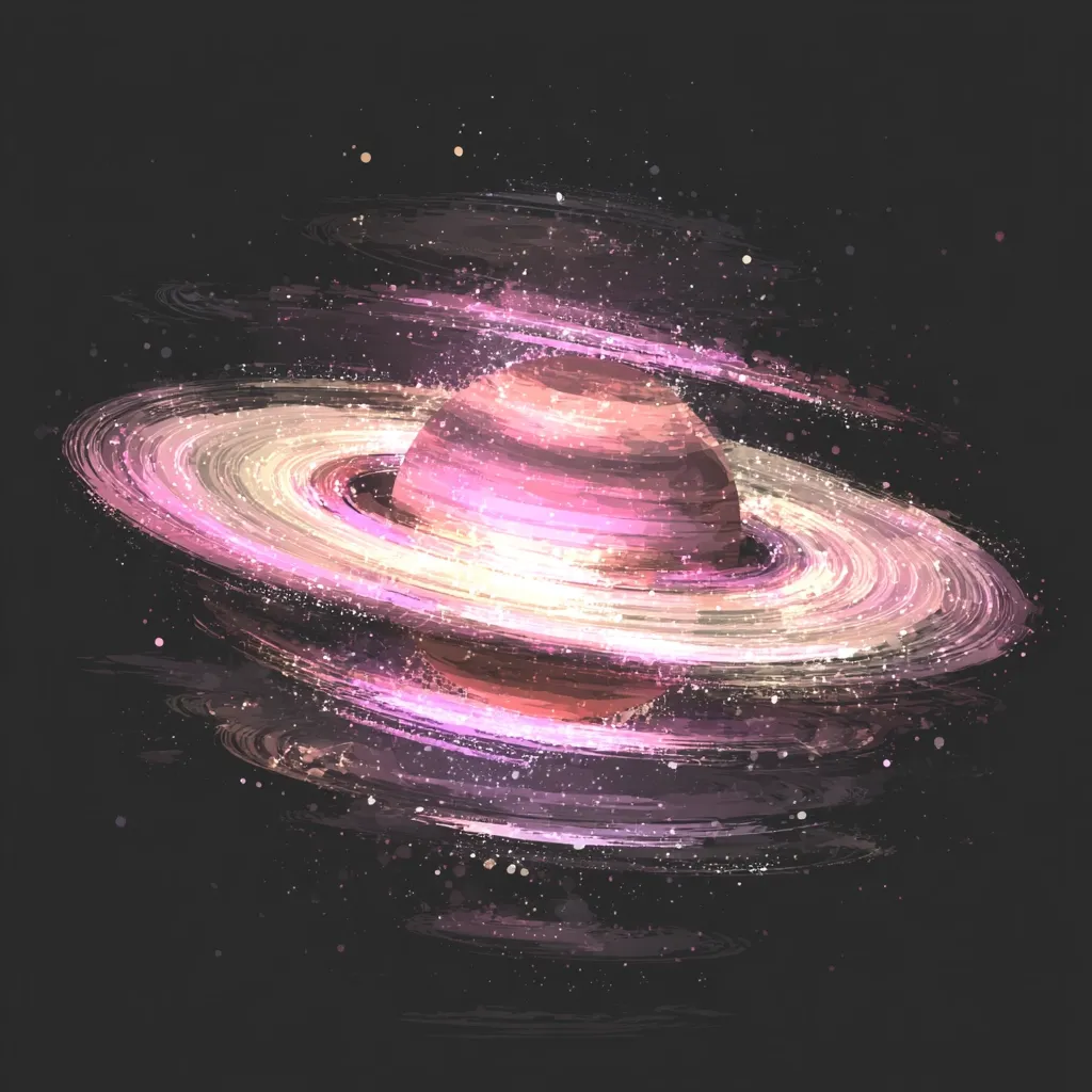 A vibrant, stylized illustration depicts a planet with prominent rings.  The planet is predominantly pink and reddish-brown, with its rings displaying a luminous, creamy-white and pink hue.  The rings swirl dynamically around the planet, creating a sense of movement and energy against a dark, starry backdrop.  The overall style evokes a dreamy, almost painterly feel, with subtle speckles of light mimicking distant stars.