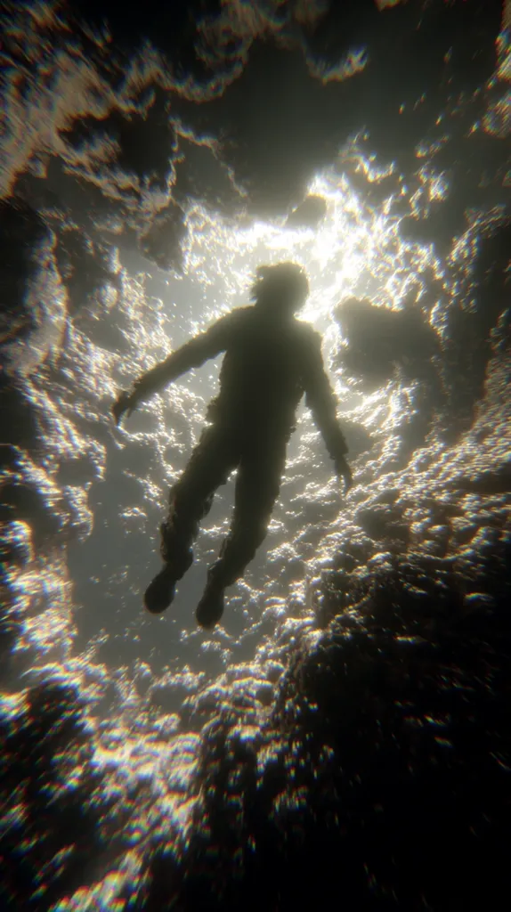 A silhouetted figure, possibly an astronaut, floats in a luminous, ethereal void.  The figure is centered, arms outstretched, seemingly suspended in a swirling, light-filled space.  The surrounding environment is dark and textured, resembling a cloud formation or underwater scene, with light radiating from above, creating a dramatic contrast. The overall impression is one of mystery and otherworldly beauty.
