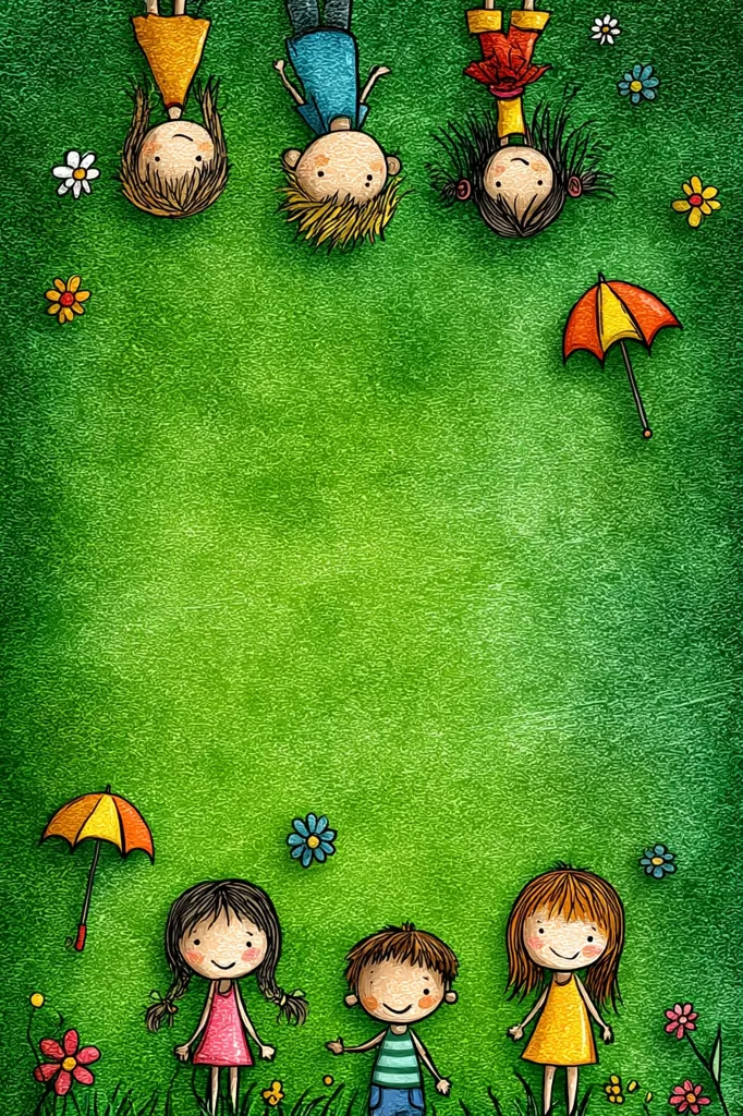 A whimsical illustration depicts children playing on a vibrant green lawn.  Three children lie upside down at the top, while three others sit upright at the bottom, surrounded by colorful flowers and small umbrellas. The cartoonish style and bright colors create a cheerful and playful mood, suggesting a carefree summer day.  The green background provides a strong contrast, highlighting the children and their accessories.