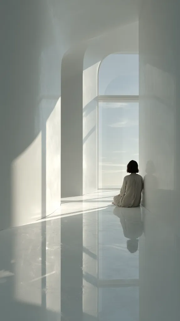A woman sits on the floor of a minimalist white hallway, facing a large arched window. Sunlight streams through the window and across the highly polished floor, creating reflections. The walls are smooth and seamless, emphasizing the clean, modern design. The overall atmosphere is serene and contemplative.