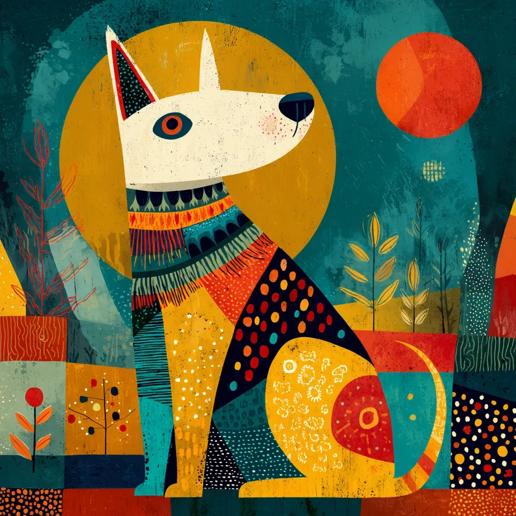 A stylized illustration of a dog, rendered in a vibrant patchwork of colors and textures. The dog, predominantly white, is adorned with a multicolored patterned coat reminiscent of folk art.  The background features a large yellow sun, a smaller orange sun, and stylized flora, creating a whimsical and textured landscape. The overall style is bold, playful, and reminiscent of modern folk art or naive painting.