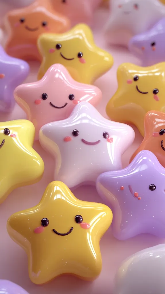 A close-up shot reveals a delightful collection of pastel-colored star-shaped objects.  Each star boasts a cheerful, simple face, complete with rosy cheeks and a wide smile.  The stars are arranged in a slightly overlapping manner against a soft pink background, creating a playful and whimsical scene.  Their glossy surfaces reflect light, enhancing their charming three-dimensional quality.
