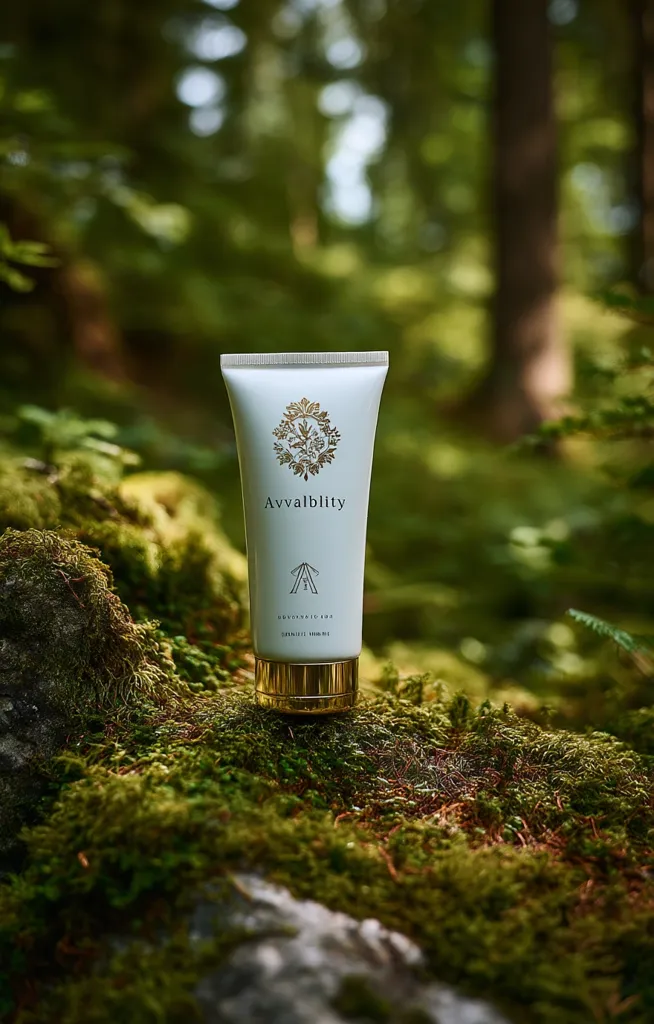 A white tube of Avvalbility Phytocosmetic skin cream rests on a mossy rock in a lush green forest.  The tube features gold detailing and branding. The background is softly blurred, emphasizing the product and its natural setting. The image evokes a sense of tranquility and natural beauty.
