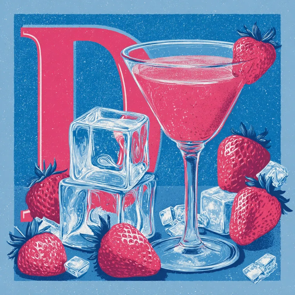 A vibrant illustration features a martini glass filled with a pink cocktail, garnished with a strawberry.  Surrounding the glass are ice cubes and fresh strawberries, creating a cool, refreshing aesthetic.  A large, stylized letter "D" in pink is prominently displayed in the background, adding a graphic element to the composition. The overall style is reminiscent of vintage printmaking, with a textured, slightly grainy effect.