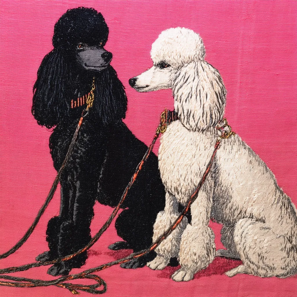 A vibrant pink textile depicts two standard poodles, one black and one white, sitting side-by-side.  Both dogs are elegantly adorned with leashes featuring orange accents.  The detailed embroidery showcases the poodles' fluffy coats and expressive features, creating a charming and sophisticated piece of textile art.