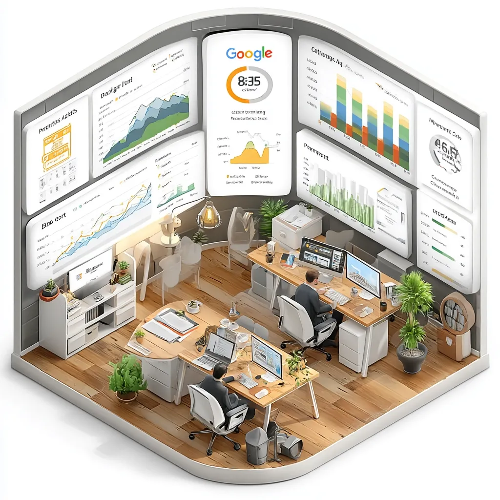 An isometric illustration depicts a modern office space. Two workstations are equipped with multiple monitors displaying real-time data visualizations and Google dashboards.  The walls are lined with large screens showcasing various charts and graphs related to business analytics. The overall aesthetic is clean, bright, and technologically advanced.  The scene suggests a data-driven workplace.