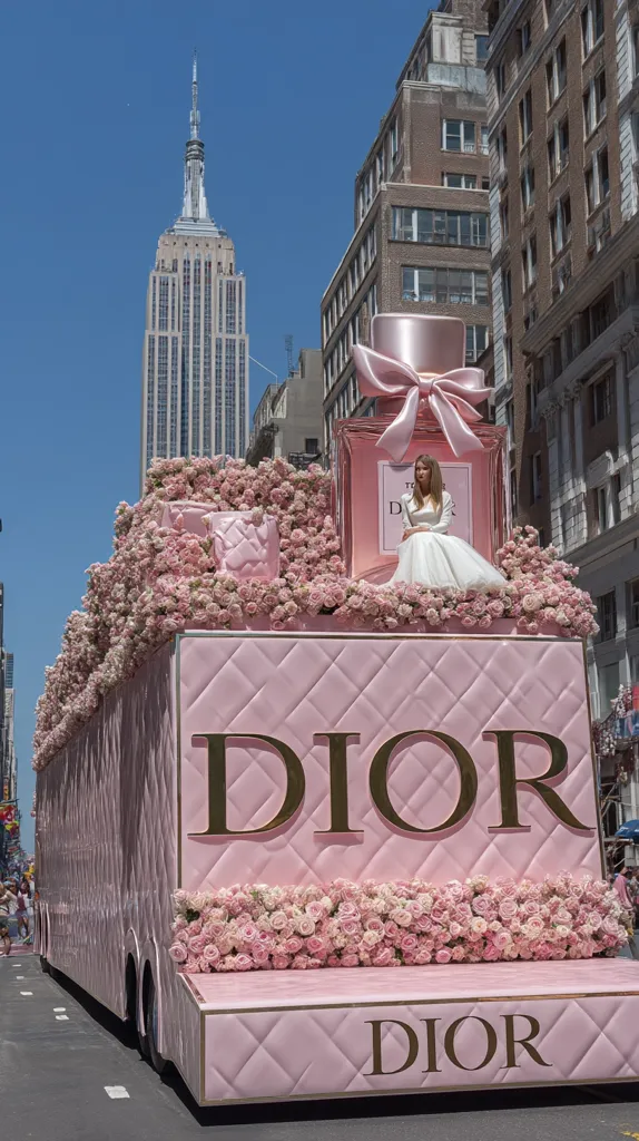 A large, pink Dior perfume bottle-shaped float, adorned with pink roses, is showcased in a city street parade.  A woman in a white dress sits atop the float, which features the Dior logo prominently displayed. The Empire State Building is visible in the background, providing a New York City backdrop to the glamorous spectacle. The float's design is luxurious and eye-catching, embodying the brand's aesthetic.