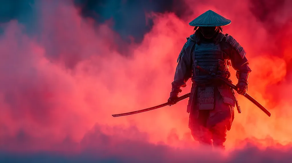 A lone samurai, cloaked in shadow and adorned in traditional armor, stands amidst a fiery, crimson-hued fog.  His katana is drawn, its polished blade reflecting the intense light.  The scene evokes a sense of mystery and power, suggesting a warrior emerging from battle or preparing for conflict. The dramatic lighting and atmospheric smoke create a visually striking image.